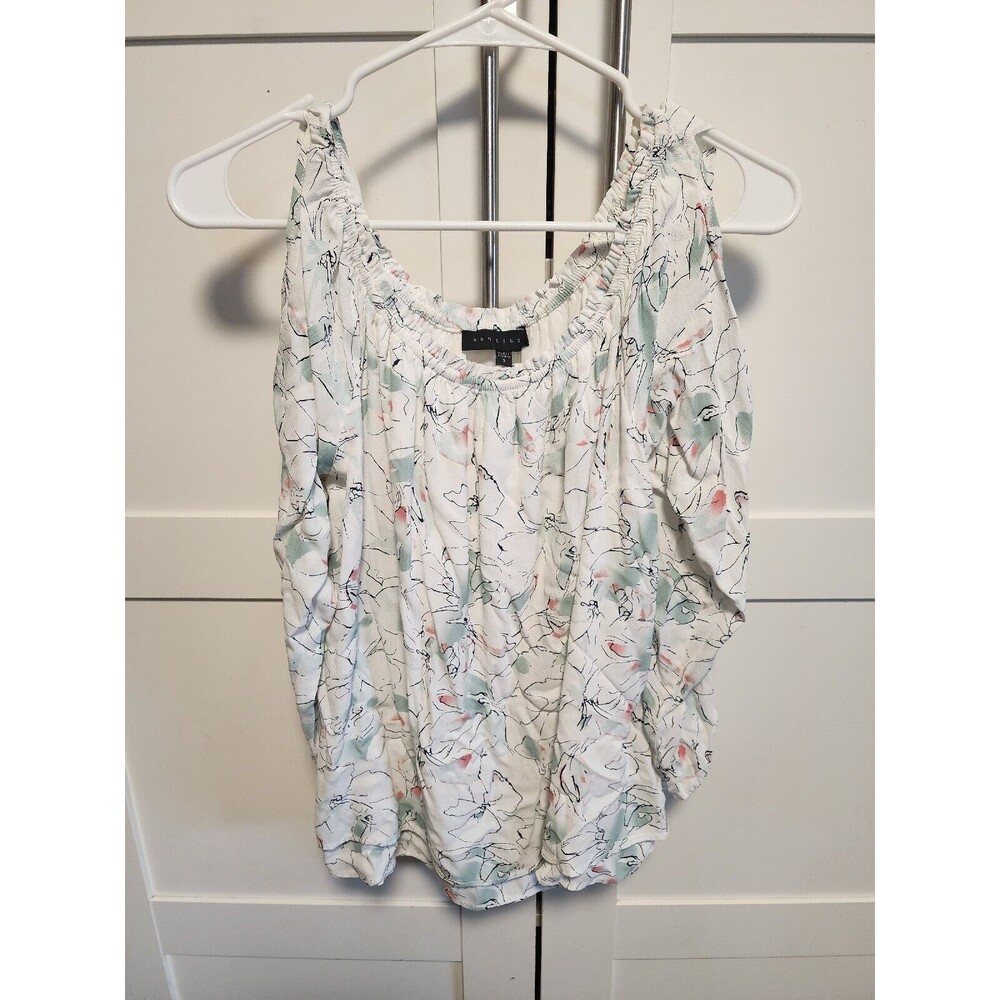 Sanctuary Womens Blouse Size Small White Green Floral Slit Sleeves Hi Low Hem